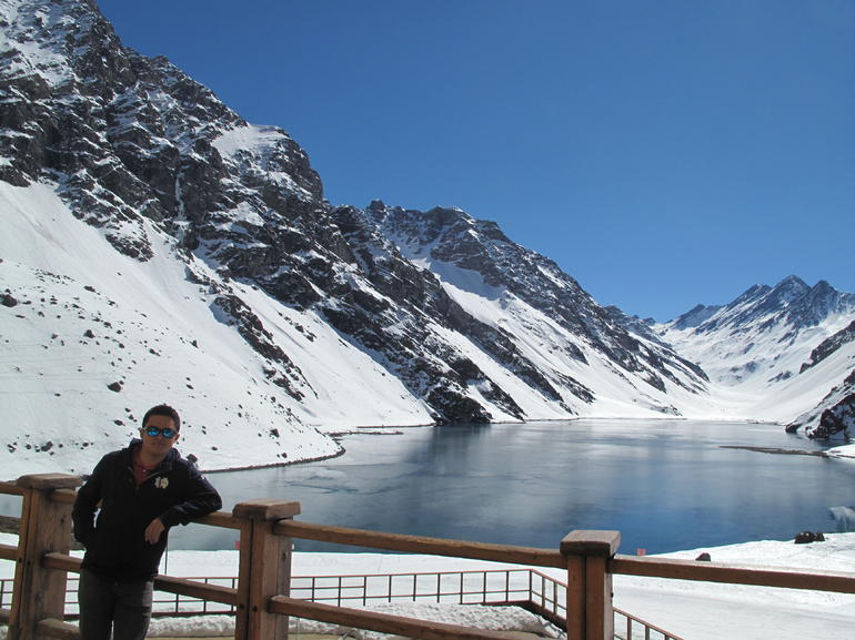 Portillo Inca Lagoon at The Andes Mountains and San Esteban Vineyard from Santiago