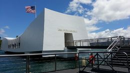 Photo of Pearl Harbor This was the view coming off the boat to the memorial. The USS Arizona is below, still leaking oil after all these years. , Steven K - July 2013