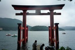 Photo of Hakone Shrine Shinto Gates in Lake Ashi, looking out at the gorgeous lake, Hwee Khim C - August 2009