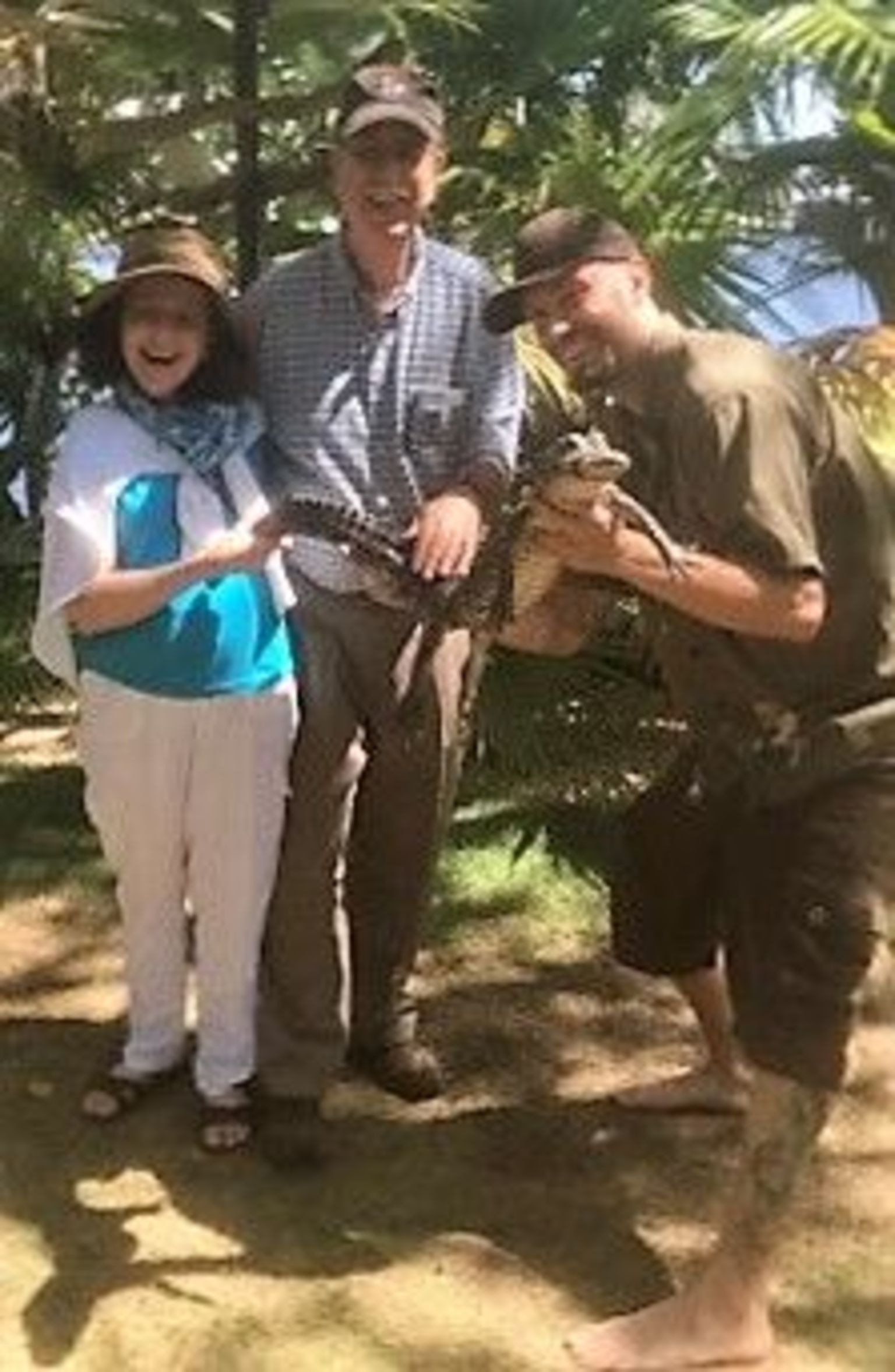 Tom and Lynda with alligator at Jungle Queens private island, April 2016.