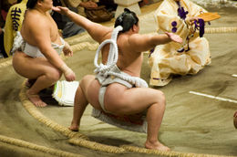 Photo of The ceremonial attire of a Yokozuna Sumo Wrestling: A Yokozuna performing the ceremonial Dohyo-iri. - May 2011