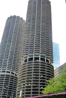 Photo of Marina City that was designed to be an complete village. This building contained a parking garage, apartments and shops for everything under one roof. , JAMES F - August 2016