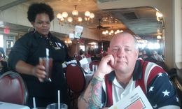 Photo of Where is the Beef! Vernon, was starving, can you tell? We have been seated on the Steamboat Natchez for our Brunch. Now we wait to be called and get in line for our buffet. Can you tell Vernon's hungry? LOL! , karenalex67 - August 2016