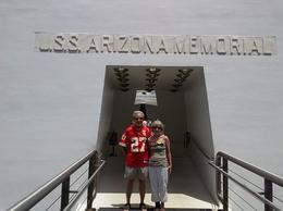 Photo of USS Arizona Pearl Harbor Oahu, HI This photo was entered in the City of Kansas City employee newsletter vacation photo contest. The only rule was that we had to wear something promoting Kansas City. I wore a KC Chiefs football ... , Donald M - August 2014
