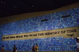 Photo of 9/11 Museum Virgil quote made into a 60 ft. long inscription of 15 inch letters cut from steel of the towers. Controversial quote because the you Virgil was writing about in the Aeneid were 2 murderous Trojan ... , Denise K - August 2016