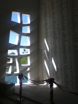 Photo of Inside the Pearl Harbor memorial. Stunning light and shadow on the engraved names of lost sailors. , Cheryl S - December 2014