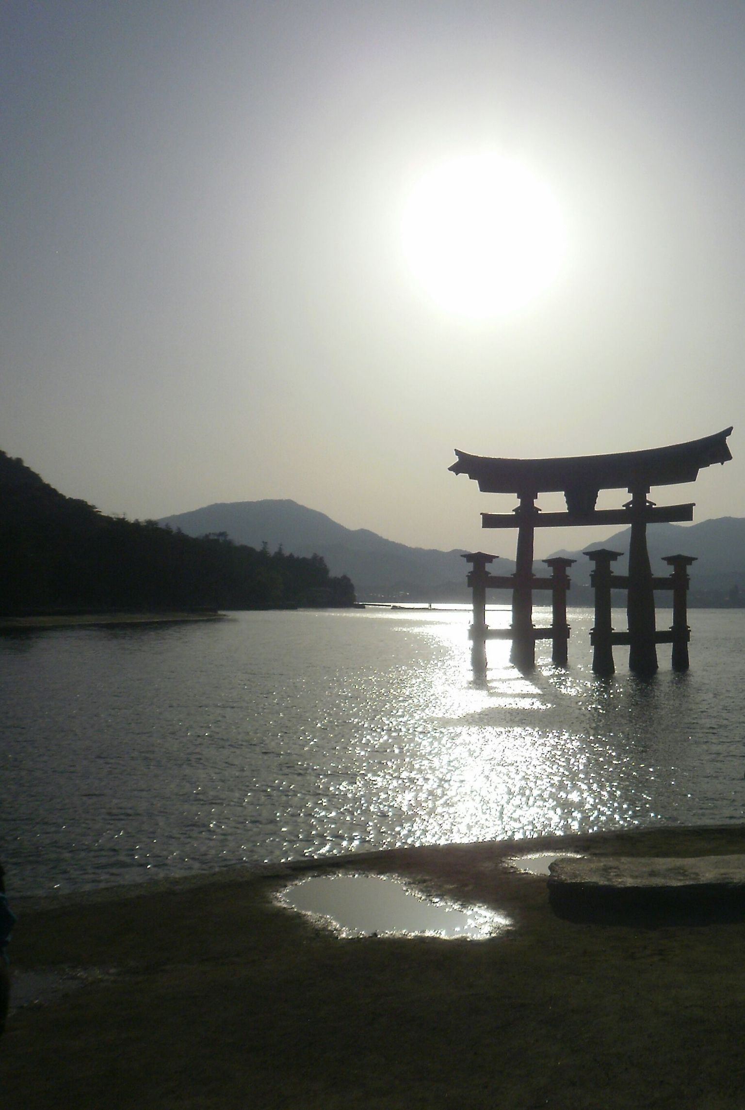 Floating torii gate silouette at sunset