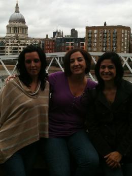 Photo of Globe visit Lisa, Dawn and Toni at the Millennium Bridge across from the Globe theater., Travel Mom - July 2011