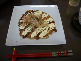 Photo of Yayo Okonomiyaki The finished Okonomiyaki dressed with sweet soya sauce, mayonaise and bonito flakes , Ben - November 2015