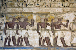 Photo of Ancient Egyptian Priests painting, Medinet Habu temple, Luxor A painted and carved hieroglyphic illustration on a wall at Medinet Habu temple, Luxor - June 2011