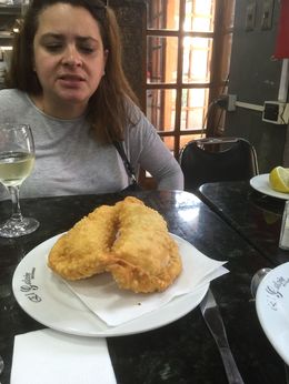Photo of Empanatas and wine Here Kathy and us are finishing off a fantastic but tiring day with empanadas and wine , Susan J - April 2016