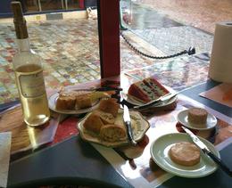 Photo of Latin Quarter food tour sampling Latin Quarter food tour sampling - three types of frommage; baguette, frois gras, pate, accompanied by sweet white wine. , Michele F - August 2014