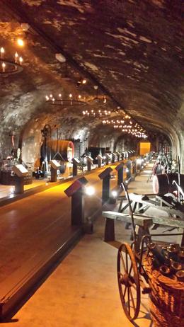 Photo of Champagne cellars at GH Mumm - Reims Museum area in the cellars showing machinery/equipment used in earlier times , Ian T - April 2014