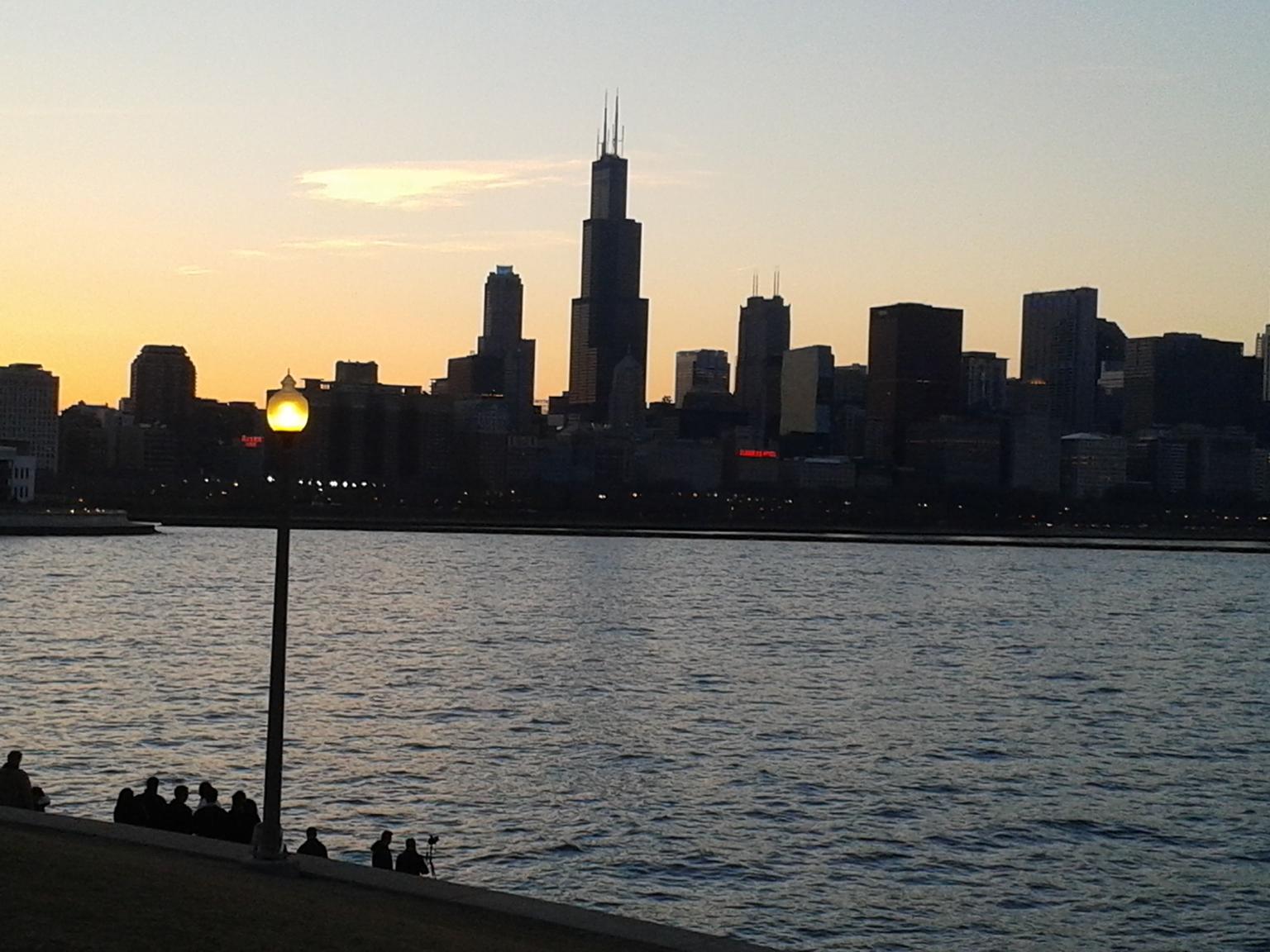 Chicago skyline in the setting sun