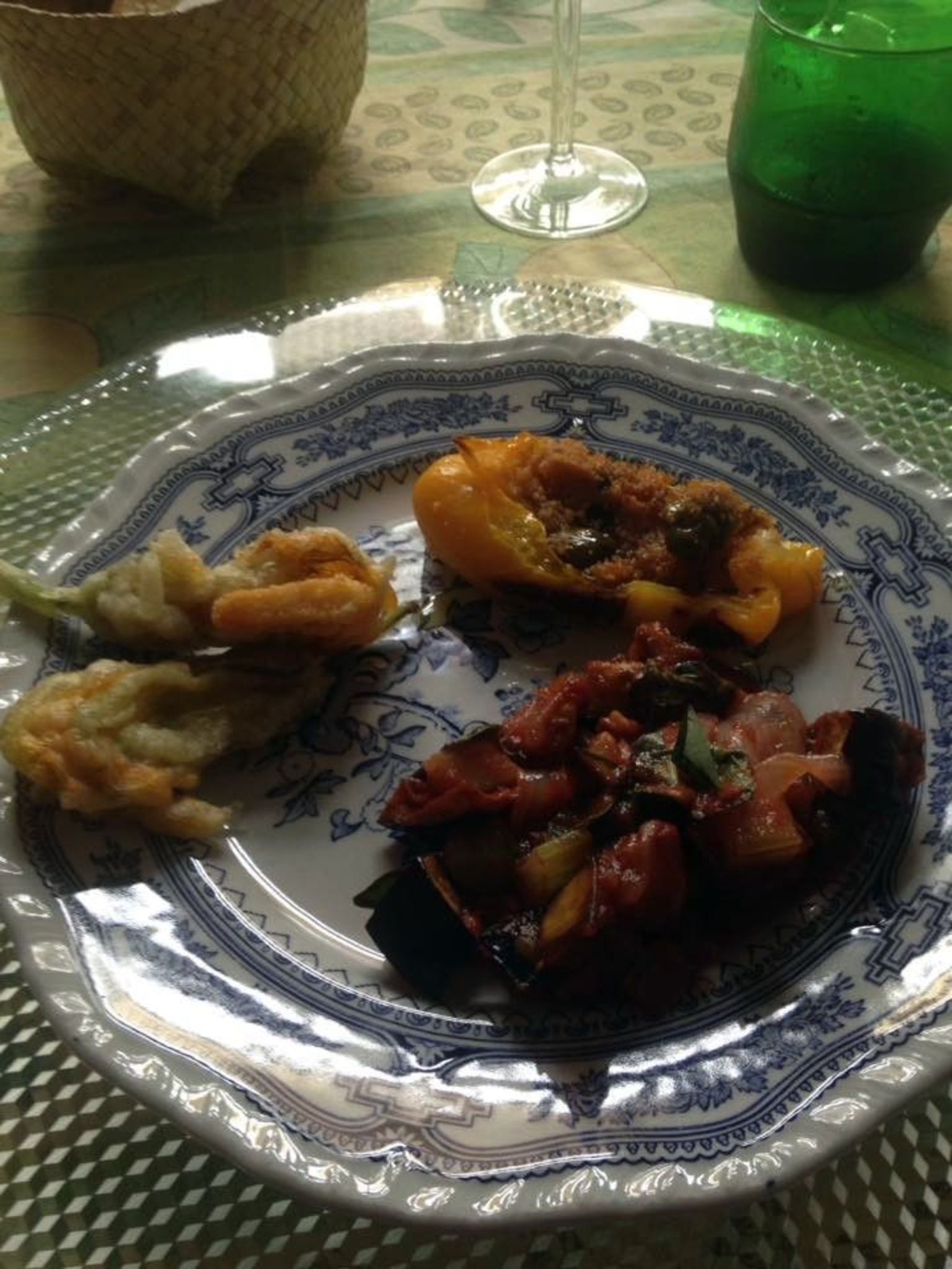 Deep fried stuffed zucchini flowers and stuffed pepper.