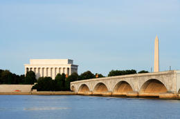 Photo of Potomac River view The Lincoln Memorial, Memorial Bridge and Washington Monument viewed from across the Potomac River - May 2011
