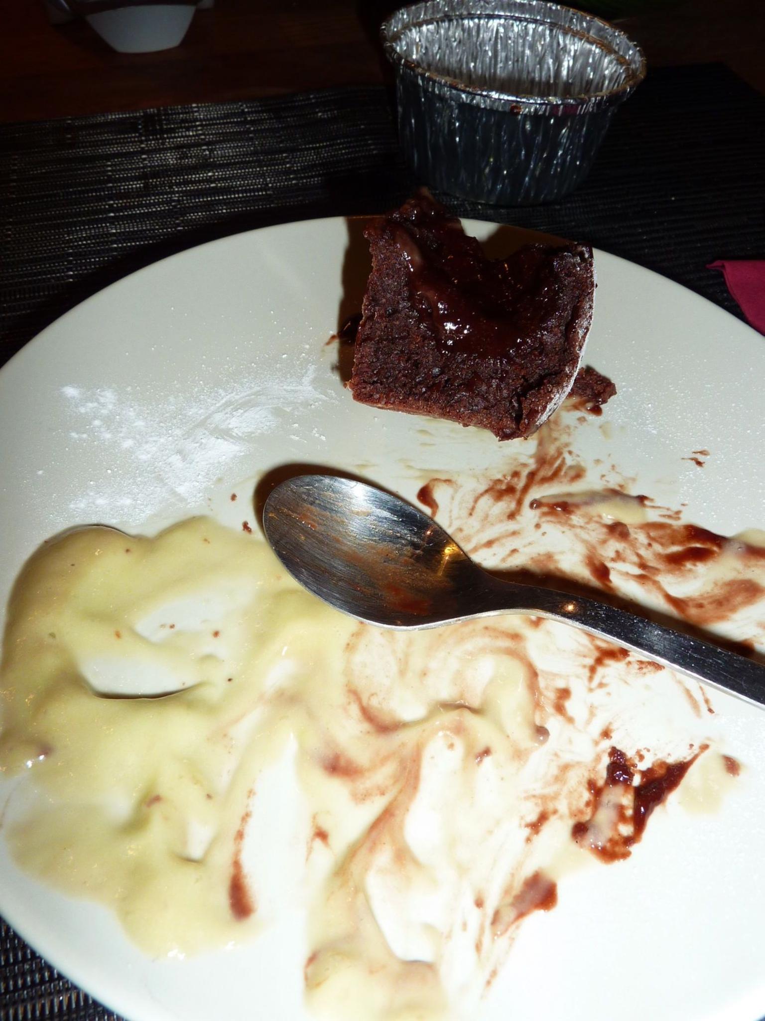 Chocolate lava cakes with a banana/avocado/citrus juice sauce