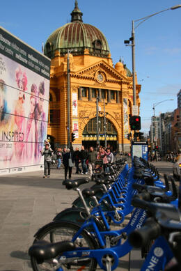 Photo of Bike rentals at Fed Square Melbourne has one of those bike rental schemes like Paris. The city itself is pretty flat so Melbourne lends itself to bikes... but then trams are plentiful, so you have choices! , ROD C - September 2012