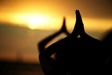 Beach and Sunset Yoga on Waikiki Oceanfront with Diamondhead Backdrop