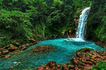 Celeste river waterfall and volcano guided rainforest hike and exuberant wildlife watching tour at Arenal in La Fortuna